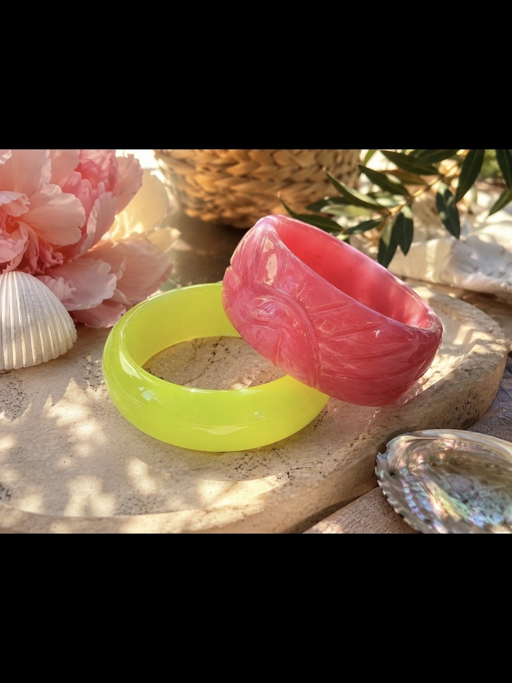 Bright Pink Carved Bangle + Neon Yellow Resin Bangle Set